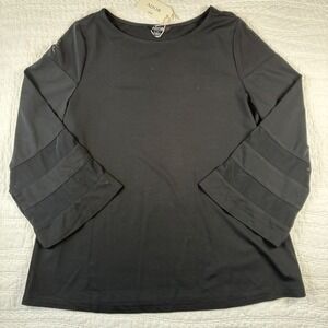 NEW Ador Mesh Panel Bell Sleeve Top Small Black Relaxed Boat Neck Blouse Chic